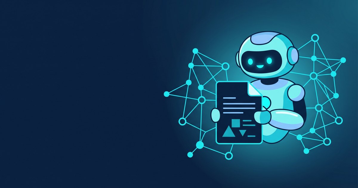llms.txtとAIクローラーを表す概念イラスト：ドキュメントを読むAIロボットとAIネットワーク